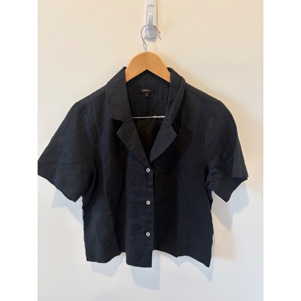 Quince 100% European Linen Short Sleeve Shirt Black Camp Collar Small